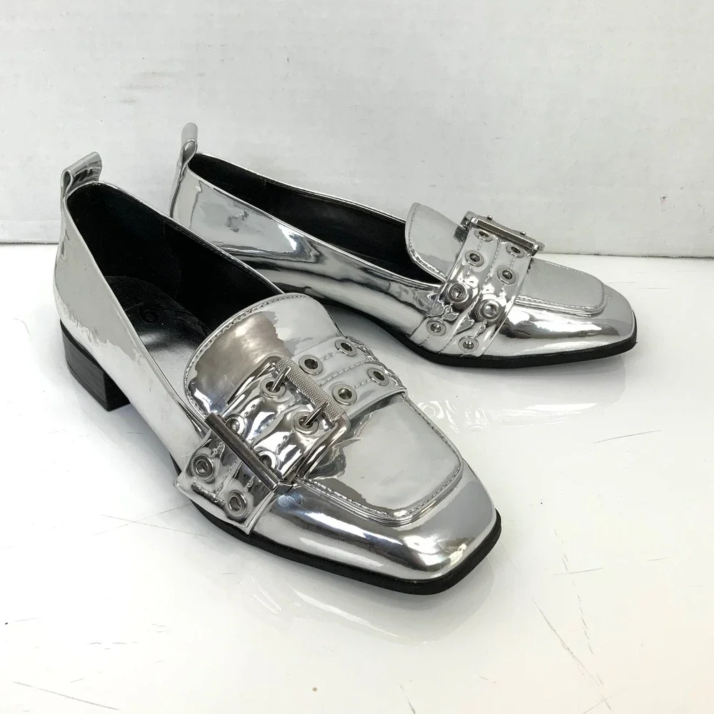 Mix No. 6 Sz 7.5 Silver Metallic Double Strap Buckle Square Toe Loafers Shoes